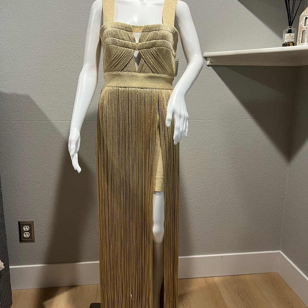 Herve Leger Gold Maxi Fringe Dress new with tags